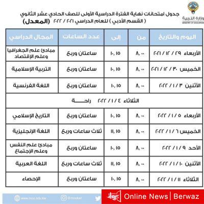 الجداول المعدلة للصفين العاشر والحادي عشر